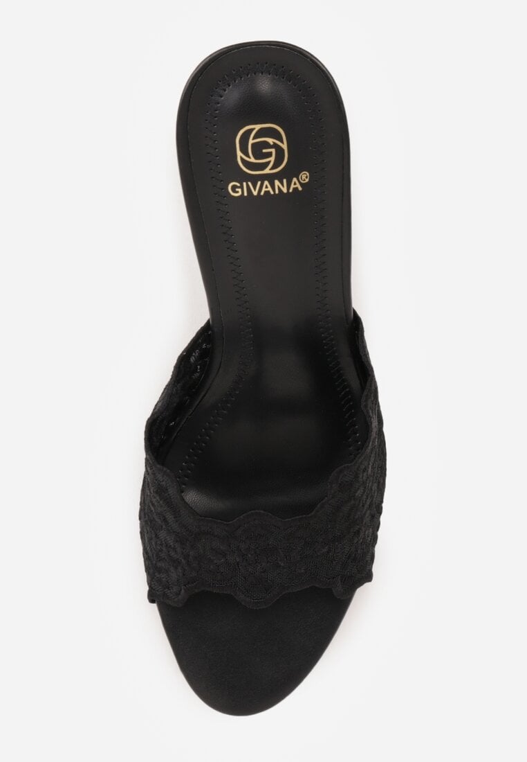 Czarne Klapki na Metalicznej Szpilce z Koronką Theiseusa