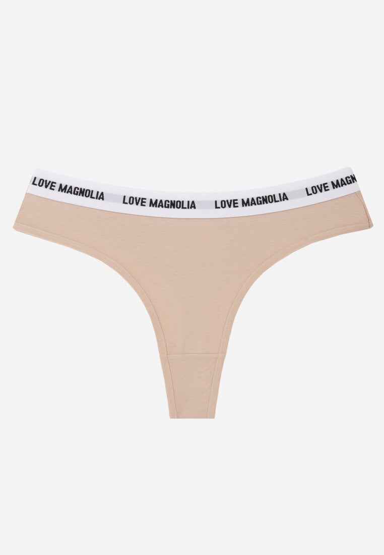Beżowe Majtki Stringi z Bawełną Ozdobione Napisami Amero