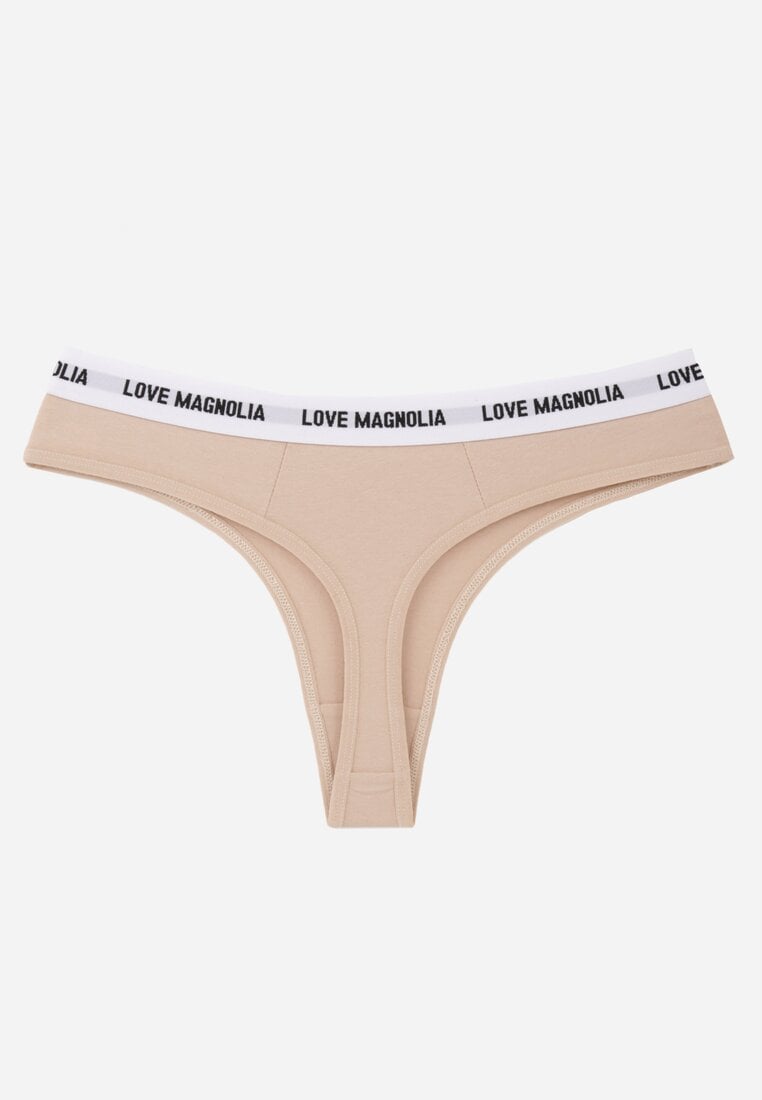 Beżowe Majtki Stringi z Bawełną Ozdobione Napisami Amero