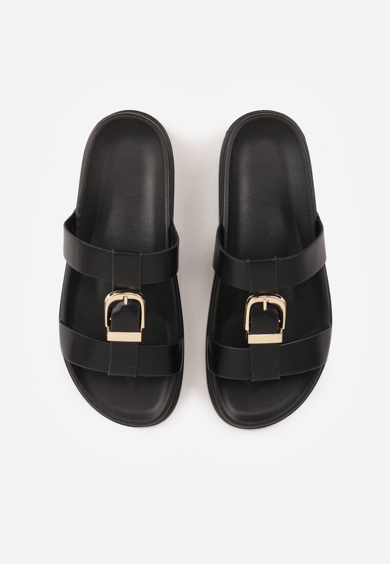 Czarne Klapki Ozdobione Paskiem z Metaliczną Klamrą Kellyss