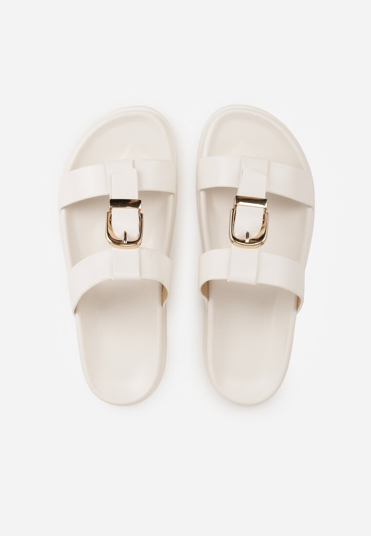 Białe Klapki Ozdobione Paskiem z Metaliczną Klamrą Kellyss