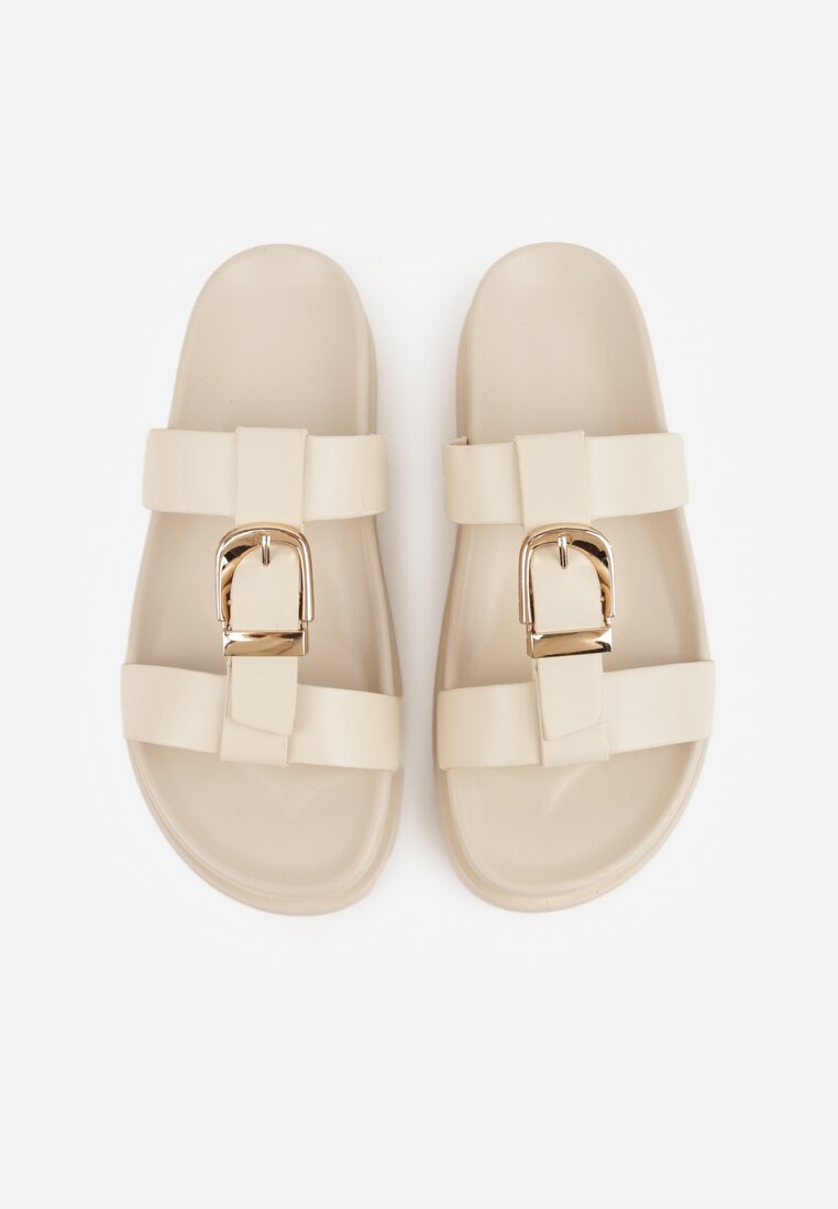 Beżowe Klapki Ozdobione Paskiem z Metaliczną Klamrą Kellyss