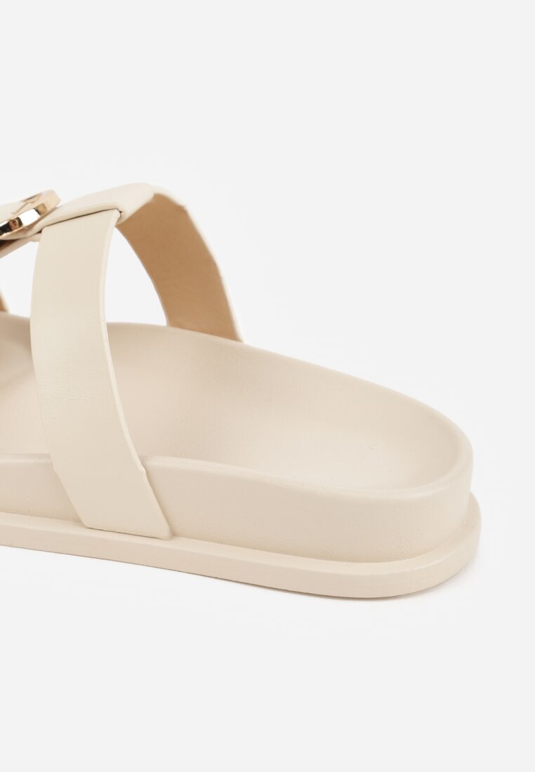 Beżowe Klapki Ozdobione Paskiem z Metaliczną Klamrą Kellyss