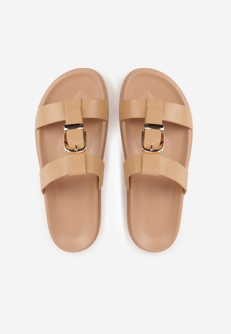 Ciemnobeżowe Klapki Ozdobione Paskiem z Metaliczną Klamrą Kellyss