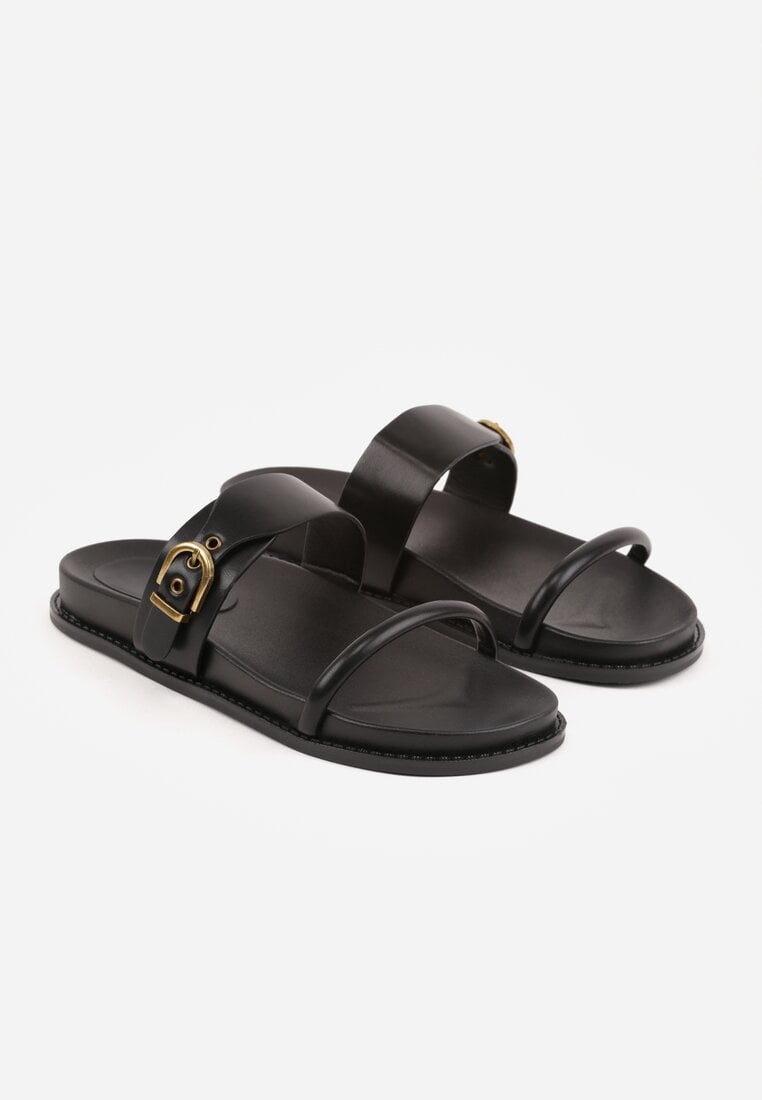 Czarne Klapki Ozdobione Paskami i Metaliczną Klamrą Ophiusi