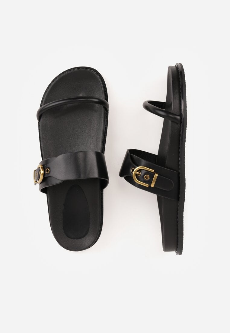 Czarne Klapki Ozdobione Paskami i Metaliczną Klamrą Ophiusi