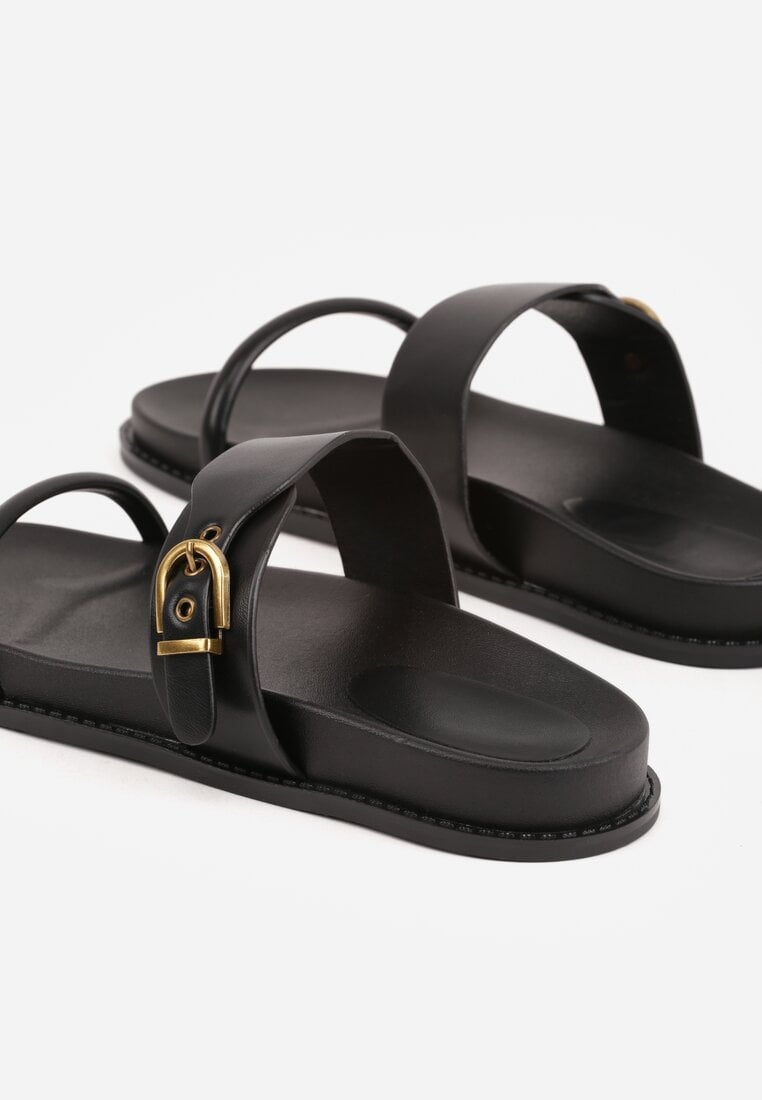 Czarne Klapki Ozdobione Paskami i Metaliczną Klamrą Ophiusi