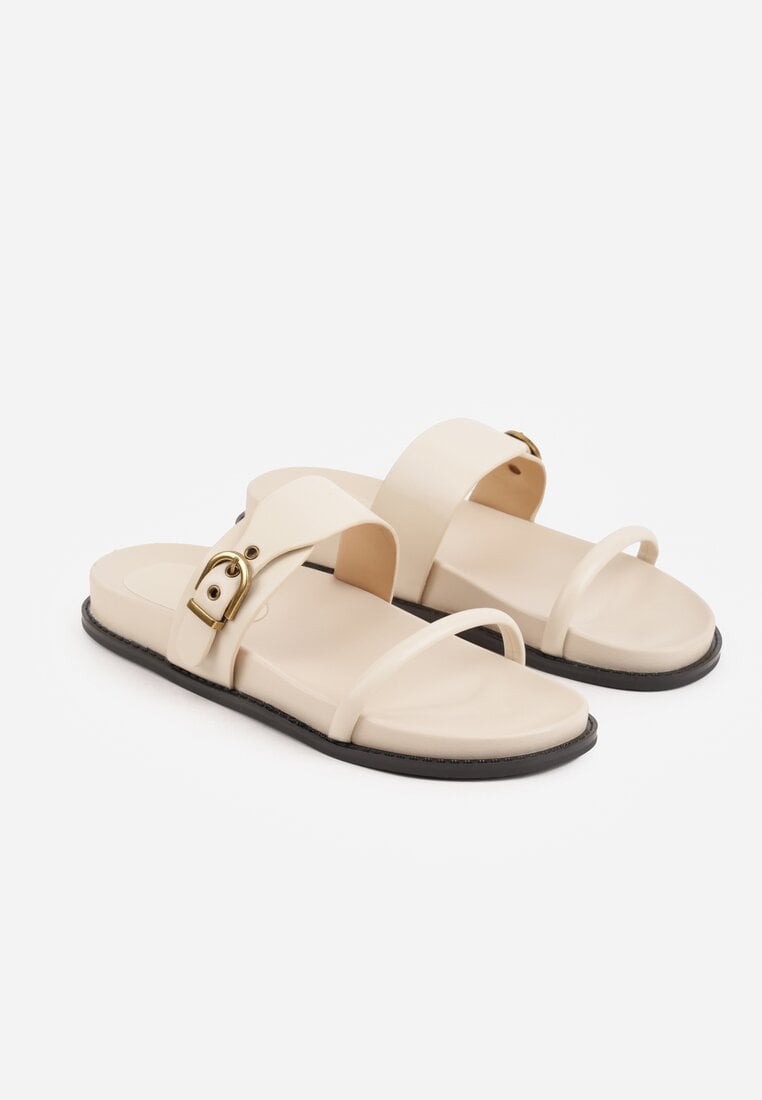 Beżowe Klapki Ozdobione Paskami i Metaliczną Klamrą Ophiusi