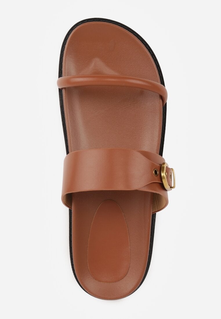 Brązowe Klapki Ozdobione Paskami i Metaliczną Klamrą Ophiusi