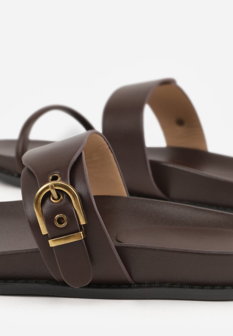 Ciemnobrązowe Klapki Ozdobione Paskami i Metaliczną Klamrą Ophiusi
