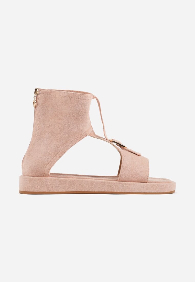 Różowe Sandały Typu Botki Ozdobione Metaliczną Klamrą z Przodu Adrasaia