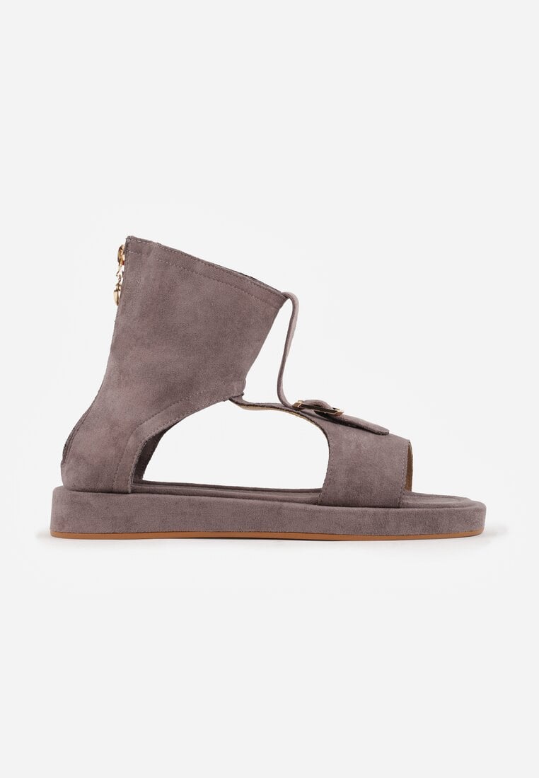 Szare Sandały Typu Botki Ozdobione Metaliczną Klamrą z Przodu Adrasaia