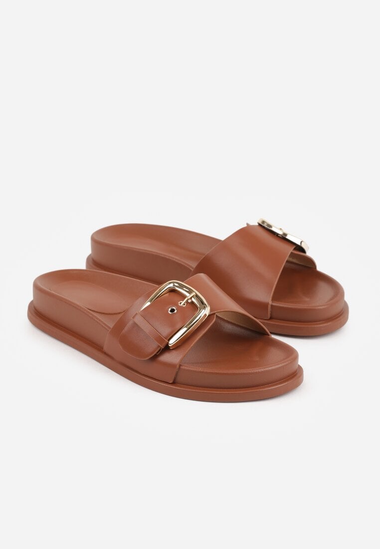 Brązowe Klapki na Platformie z Klamrą Molthoe