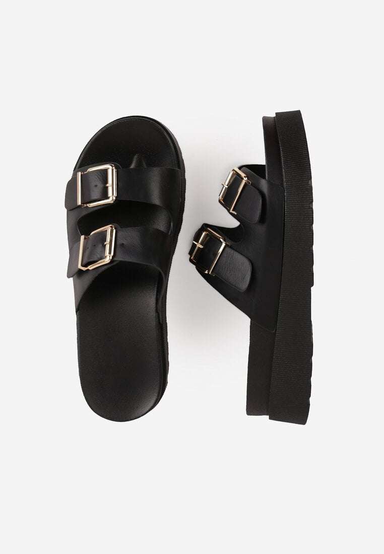 Czarne Klapki na Platformie Ozdobione Metalicznymi Klamrami Galisiphe