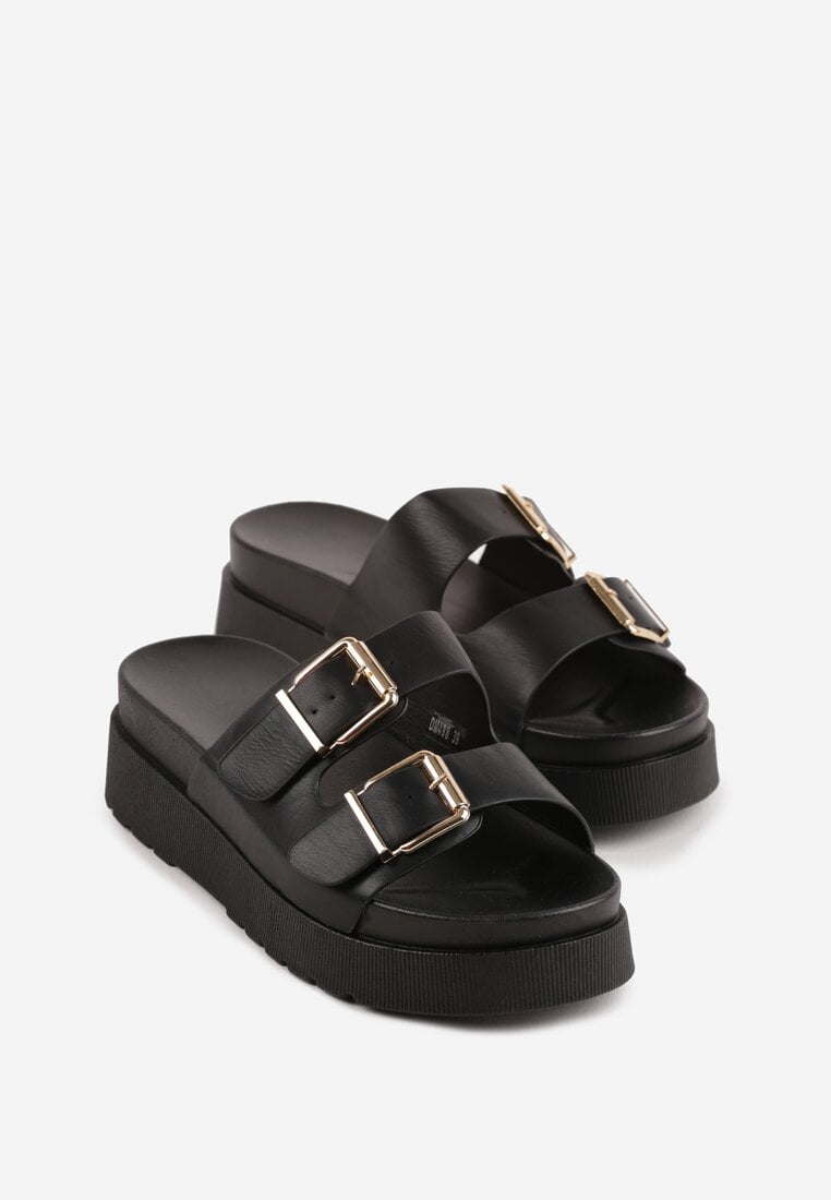Czarne Klapki na Platformie Ozdobione Metalicznymi Klamrami Galisiphe