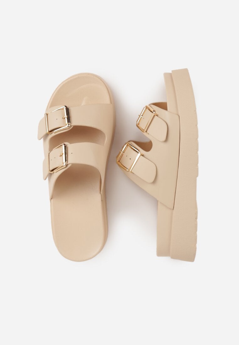 Beżowe Klapki na Platformie Ozdobione Metalicznymi Klamrami Galisiphe