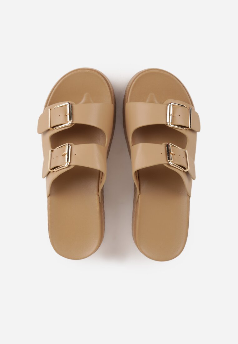 Ciemnobeżowe Klapki na Platformie Ozdobione Metalicznymi Klamrami Galisiphe