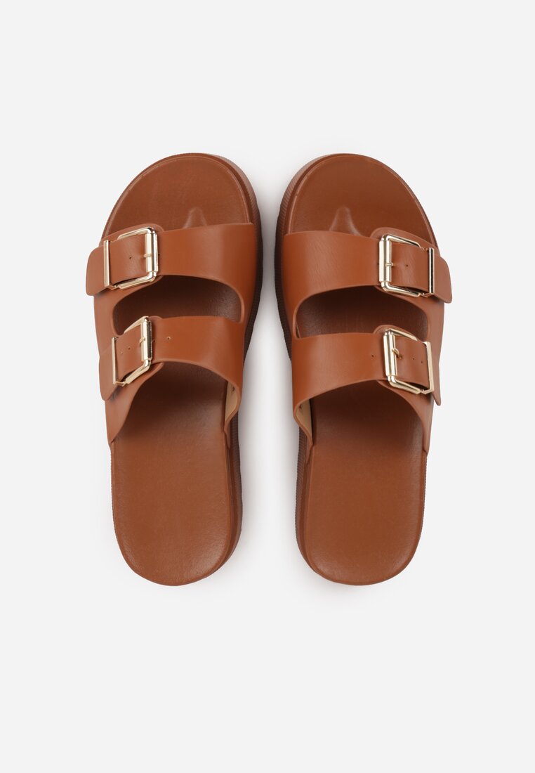 Brązowe Klapki na Platformie Ozdobione Metalicznymi Klamrami Galisiphe