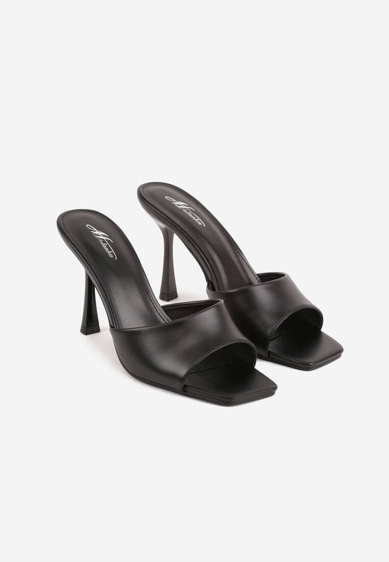 Czarne Klapki na Szpilce Ozdobione Kwadratowym Noskiem Eudanassa