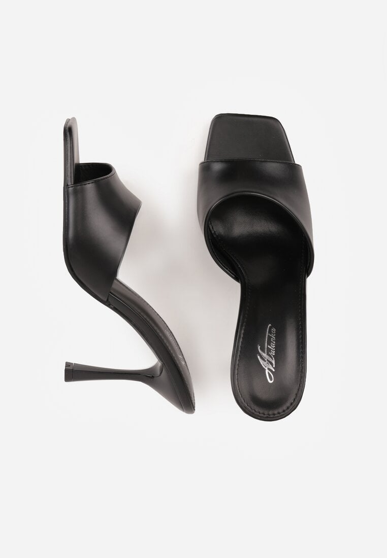 Czarne Klapki na Szpilce Ozdobione Kwadratowym Noskiem Eudanassa