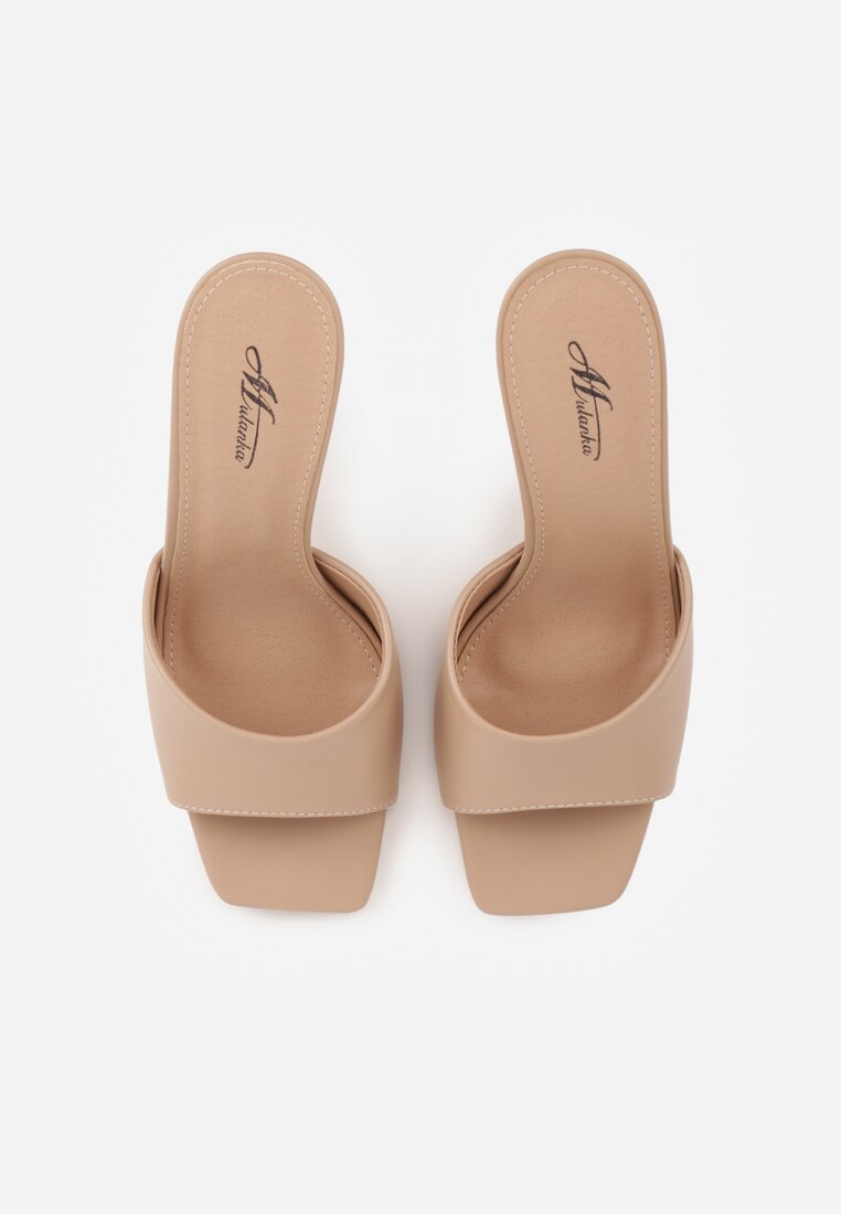 Ciemnobeżowe Klapki na Szpilce Ozdobione Kwadratowym Noskiem Eudanassa