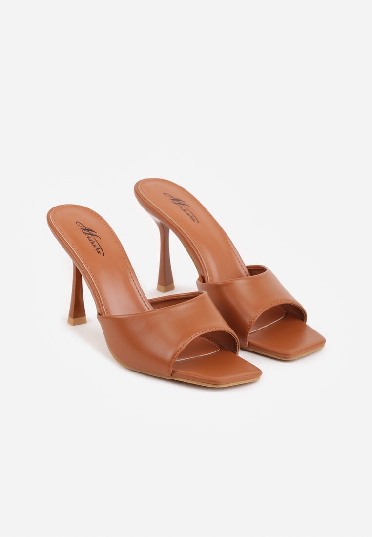 Brązowe Klapki na Szpilce Ozdobione Kwadratowym Noskiem Eudanassa