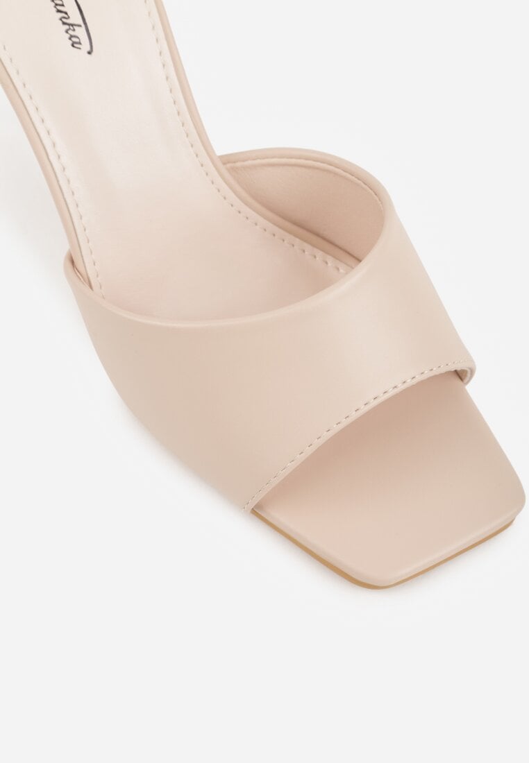 Beżowe Klapki na Szpilce Ozdobione Kwadratowym Noskiem Eudanassa