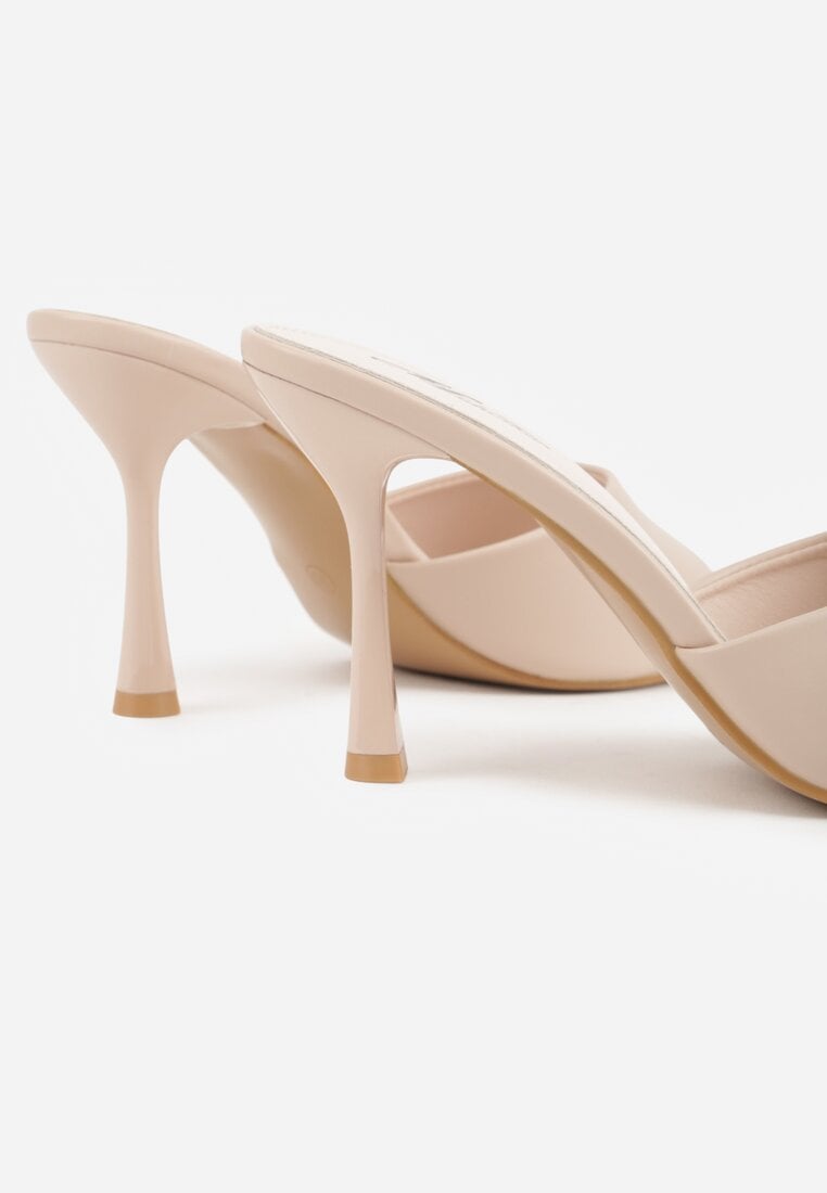 Beżowe Klapki na Szpilce Ozdobione Kwadratowym Noskiem Eudanassa