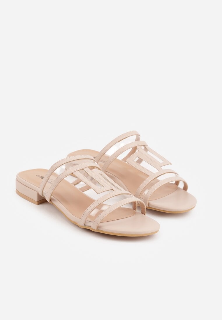 Beżowe Klapki Ozdobione Geometrycznym Motywem Nysathei