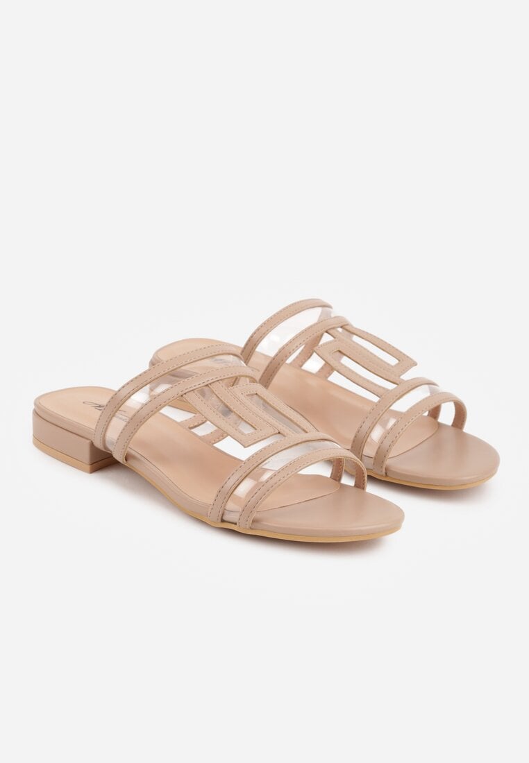 Ciemnobeżowe Klapki Ozdobione Geometrycznym Motywem Nysathei