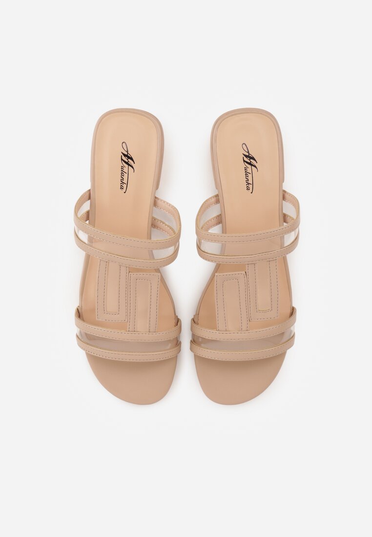 Ciemnobeżowe Klapki Ozdobione Geometrycznym Motywem Nysathei