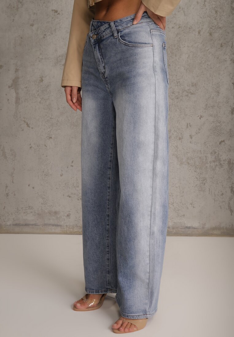 Niebieskie Jeansy High Waist Balloon z Bawełny z Asymetrycznym Zapięciem Myrea