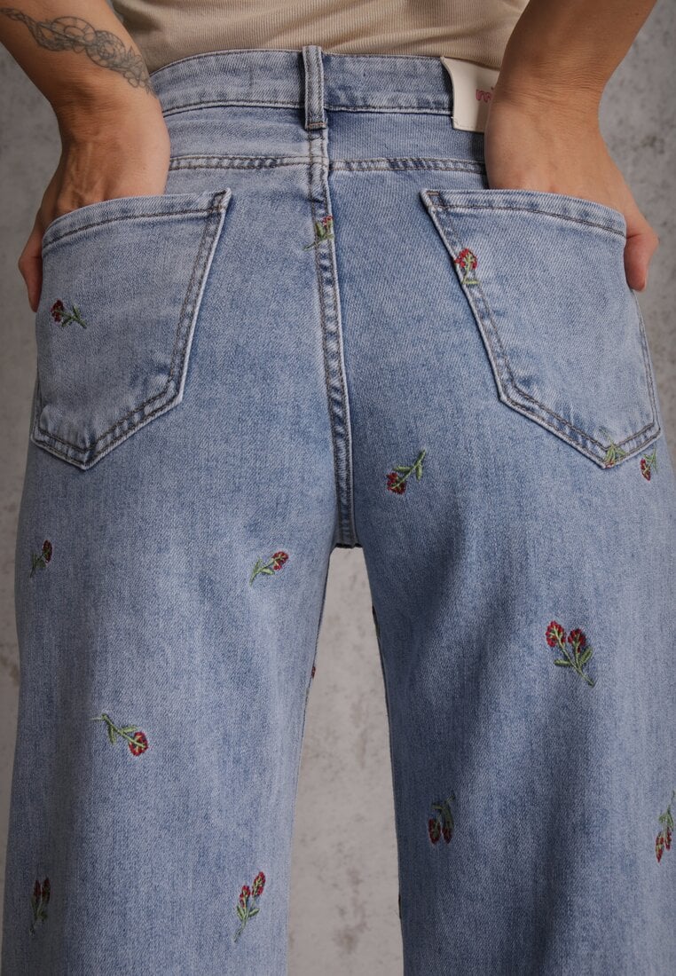 Niebieskie Szerokie Jeansy z Bawełną High Waist z Haftowanym Wzorem Donlopes
