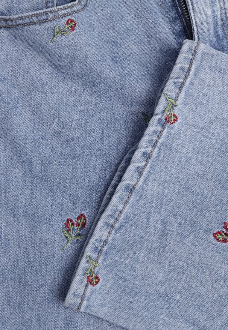 Niebieskie Szerokie Jeansy z Bawełną High Waist z Haftowanym Wzorem Donlopes