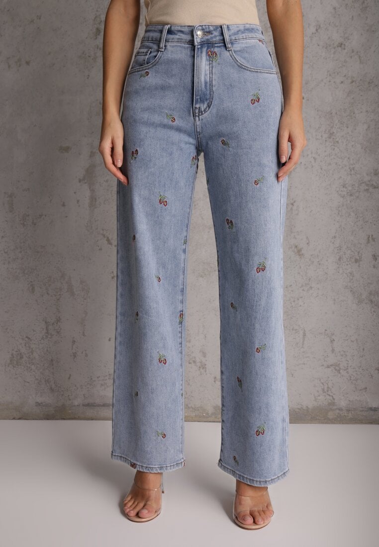 Niebieskie Szerokie Jeansy z Bawełną High Waist z Haftowanym Wzorem Donlopes