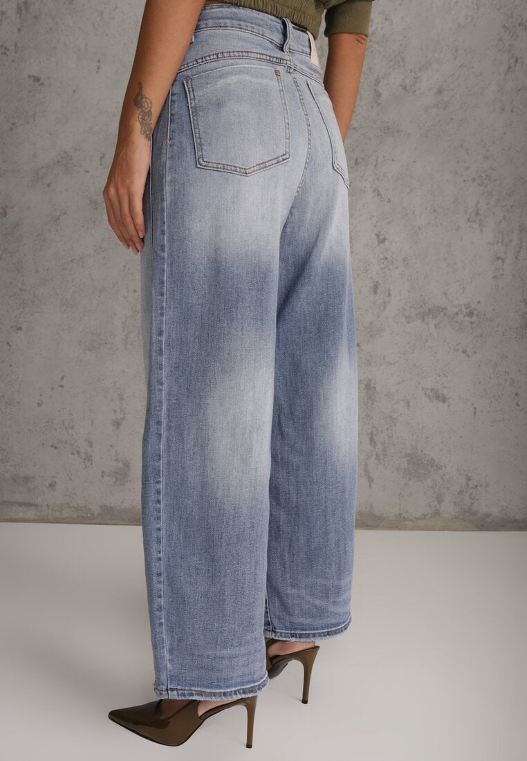 Niebieskie Szerokie Jeansy High Waist z Łańcuchem Kassania