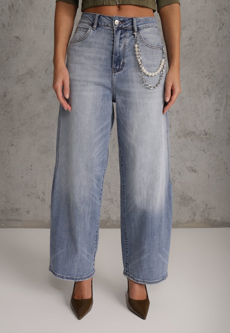 Niebieskie Szerokie Jeansy High Waist z Łańcuchem Kassania