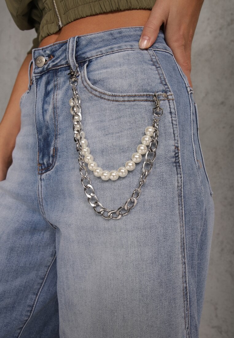 Niebieskie Szerokie Jeansy High Waist z Łańcuchem Kassania