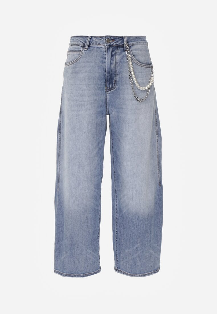 Niebieskie Szerokie Jeansy High Waist z Łańcuchem Kassania