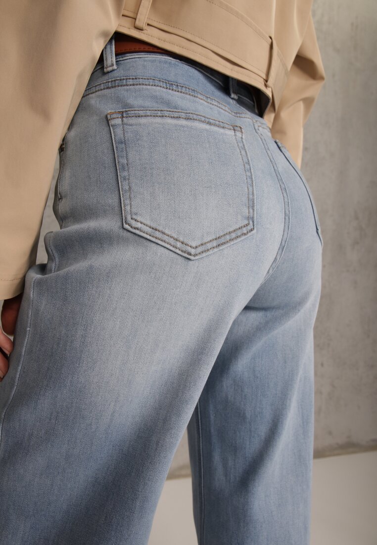 Niebieskie Szerokie Jeansy z Bawełną High Waist Ozdobione Przeszyciami Timolis