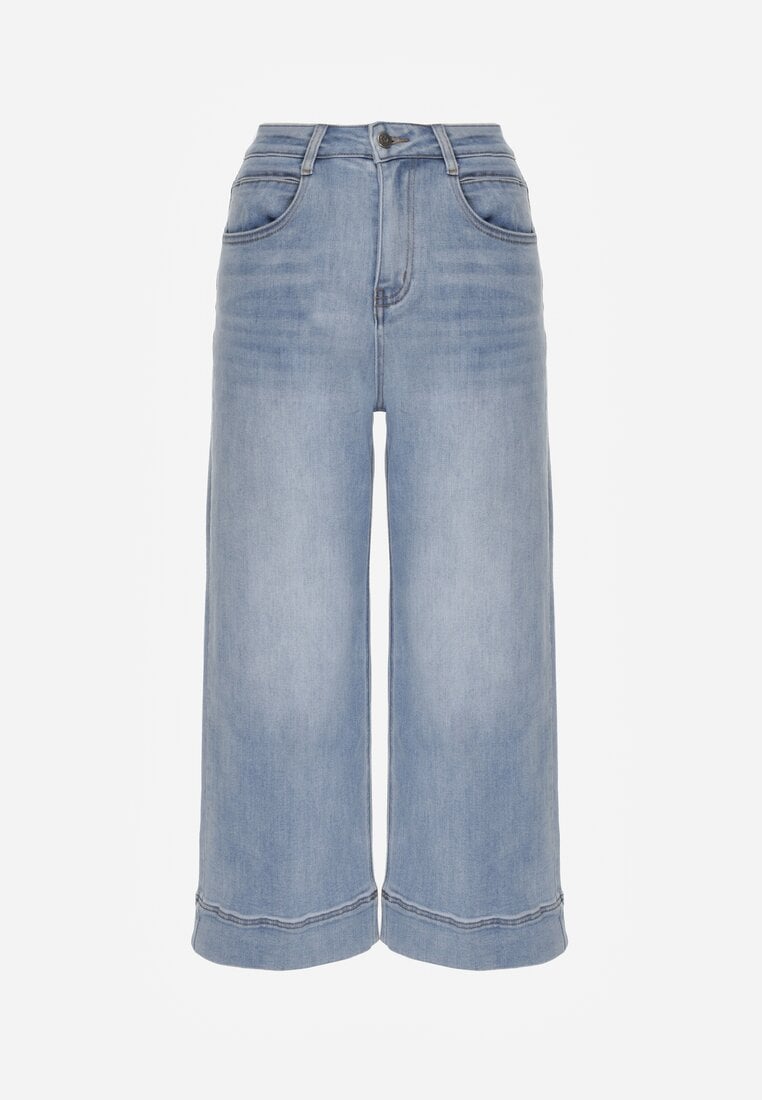 Niebieskie Szerokie Jeansy Culottes z Bawełną High Waist Ozdobione Przeszyciami Timolis