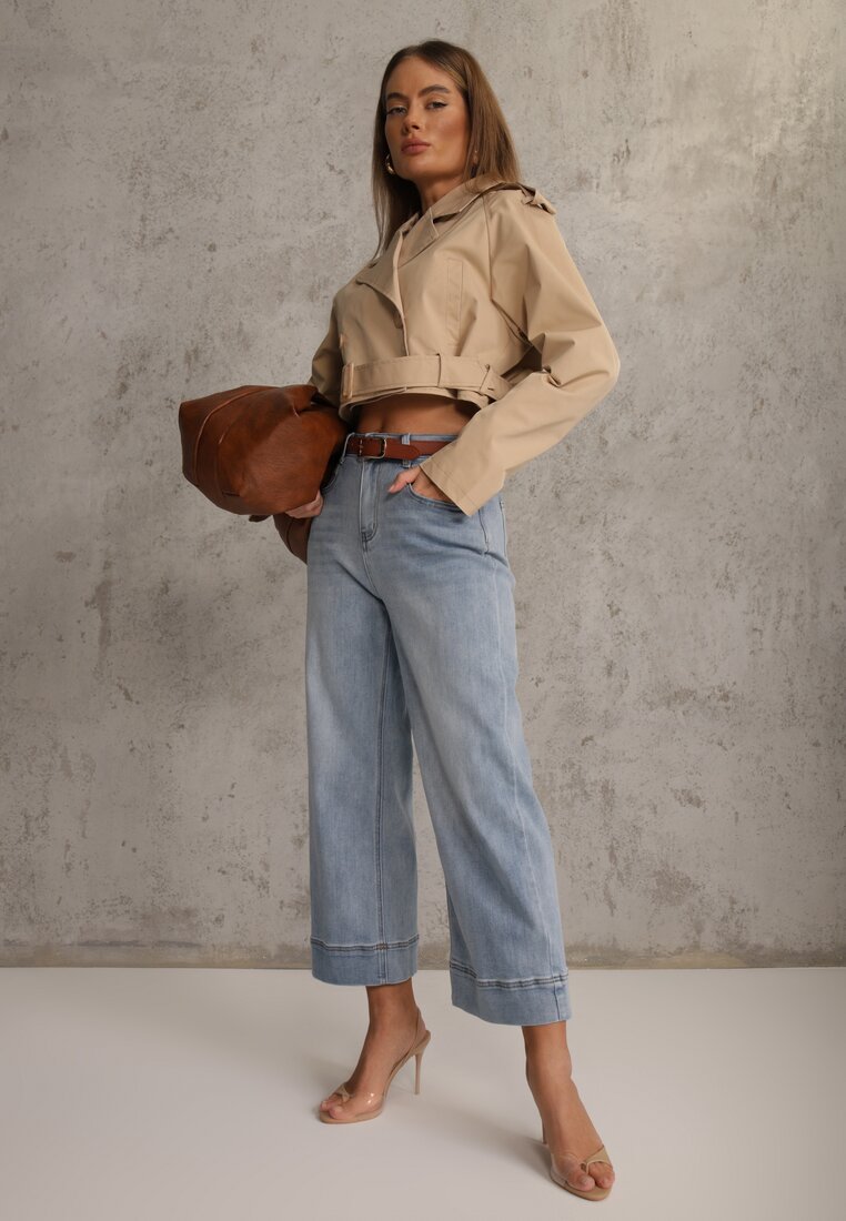 Niebieskie Szerokie Jeansy z Bawełną High Waist Ozdobione Przeszyciami Timolis