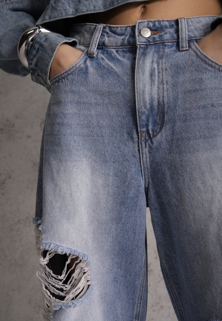 Niebieskie Bawełniane Jeansy Ballloon z Wiskozą High Waist Ozdobione Dziurami Lamma