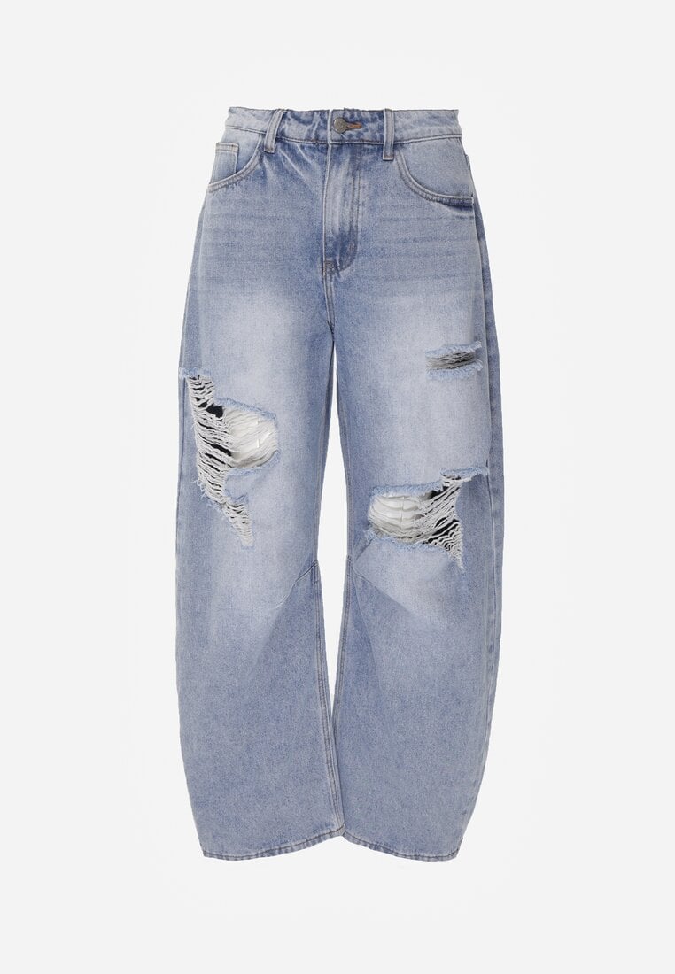 Niebieskie Bawełniane Jeansy Ballloon z Wiskozą High Waist Ozdobione Dziurami Lamma