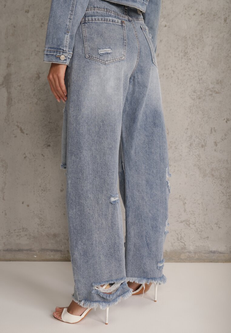 Niebieskie Jeansy z Bawełny Balloon High Waist z Przedarciami Taeryre
