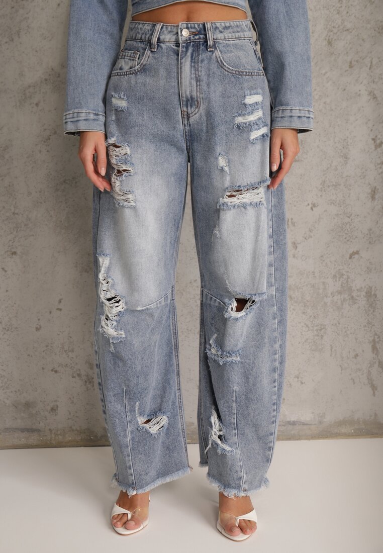 Niebieskie Jeansy z Bawełny Balloon High Waist z Przedarciami Taeryre