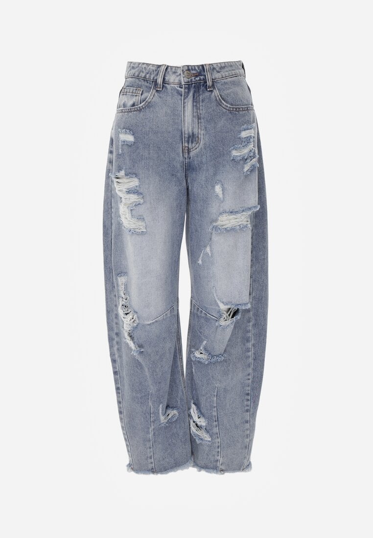 Niebieskie Jeansy z Bawełny Balloon High Waist z Przedarciami Taeryre