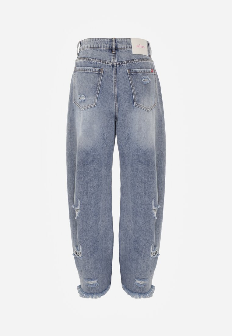 Niebieskie Jeansy z Bawełny Balloon High Waist z Przedarciami Taeryre