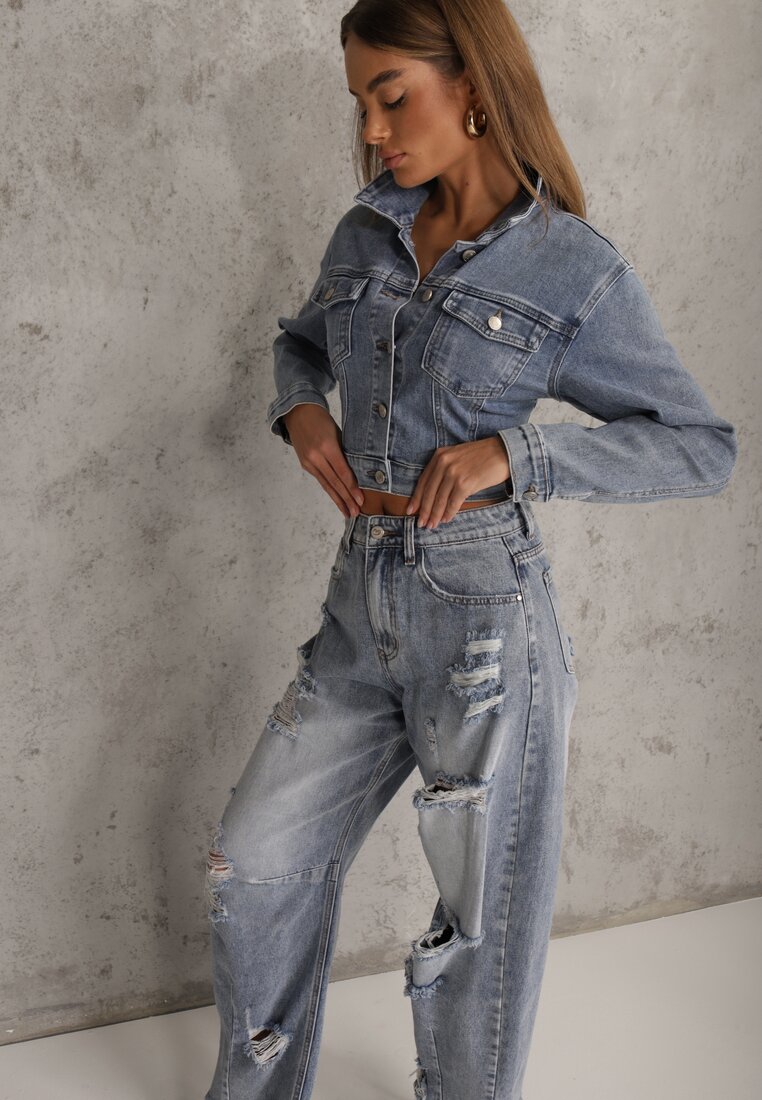 Niebieskie Jeansy z Bawełny Balloon High Waist z Przedarciami Taeryre