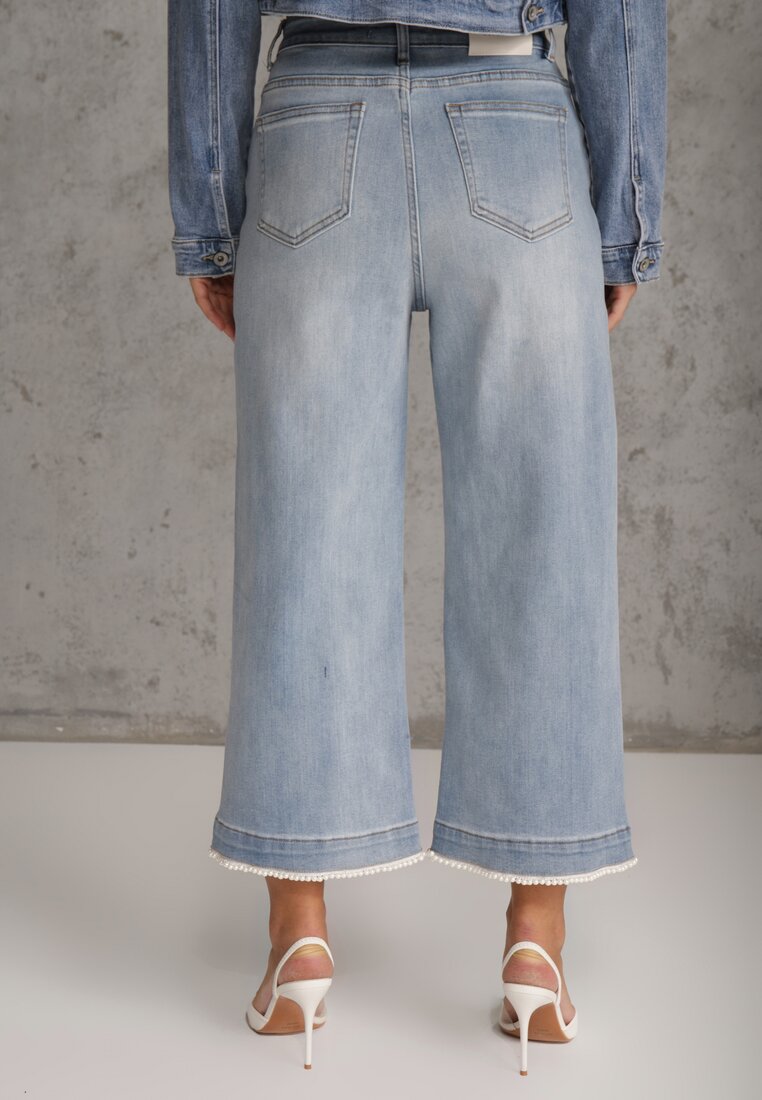 Niebieskie Szerokie Jeansy Culottes z Bawełną High Waist Ozdobione Perełkami Hesaris
